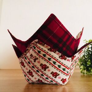 Christmas Microwave Soup Bowl Cozy Holder, Reversible Vintage Teddy Bears Plaid